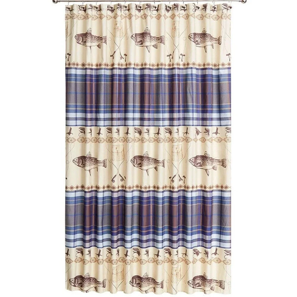 Fly Fishing Shower Curtain Rod Reel Lures Fish Design Lodge Blue Plaid Tan NEW